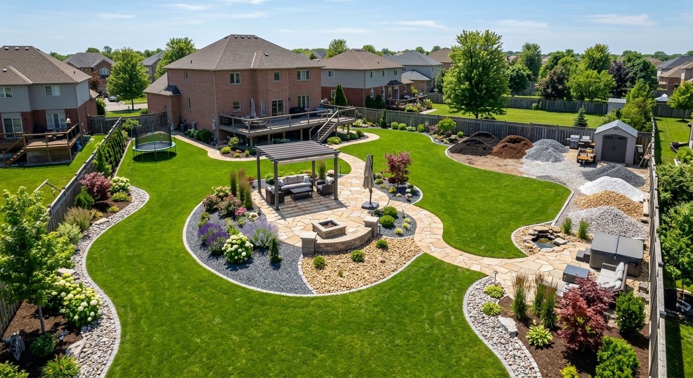 Landscaped backyard with stone pathways